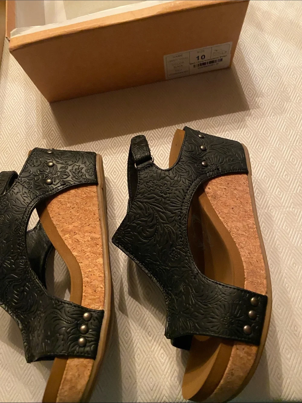 Very G Black Embossed Open-Toe Wedge Sandals